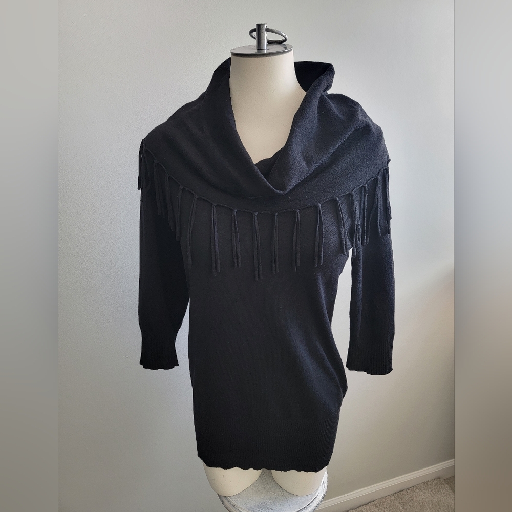 Notations Black Cowl Neck Sweater with Fringe